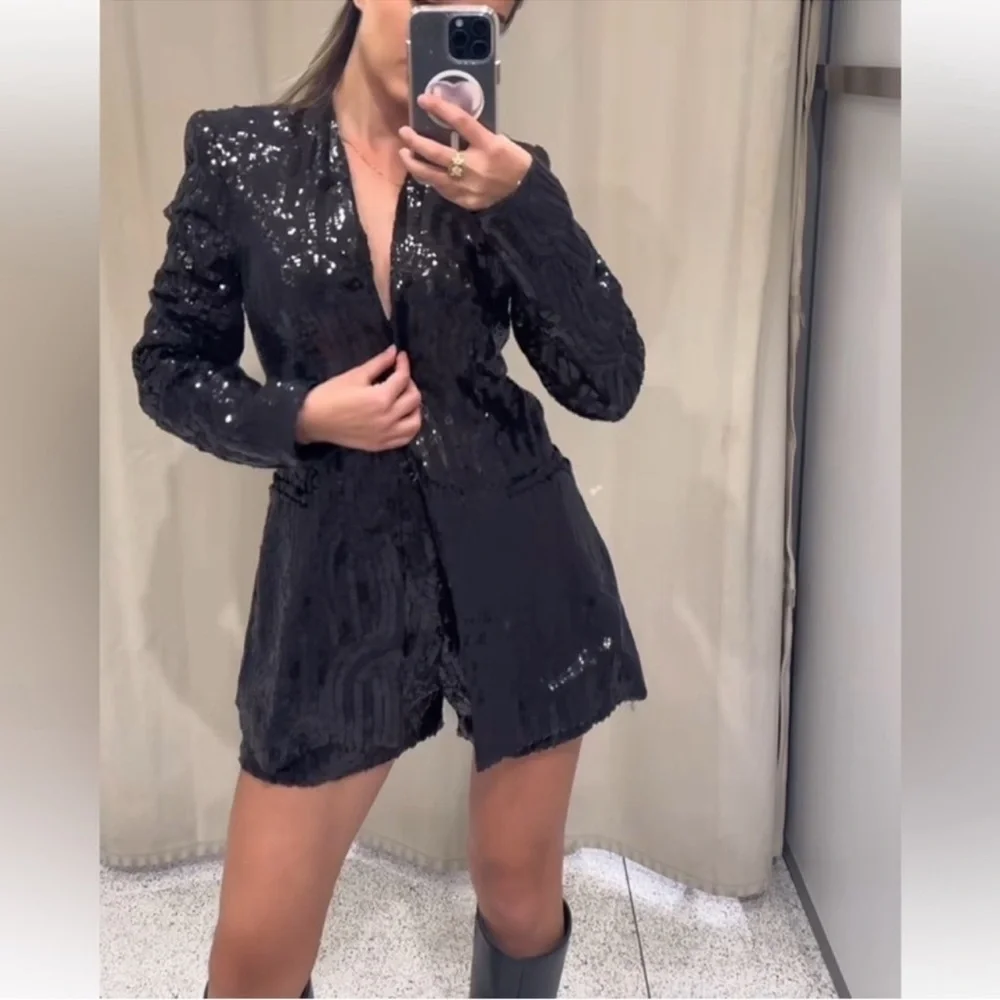 ZARA SEQUIN HIGH WAISTED SHORTS - Picture 9 of 16